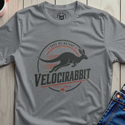 Gray t-shirt with Velocirabbit logo featuring a running kangaroo with stripes and text.