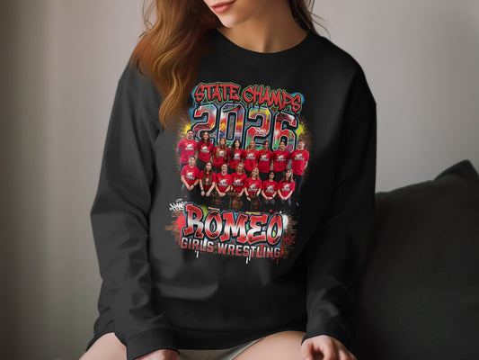 2026 State Champs Romeo Girls Wrestling team photo on black sweatshirt.