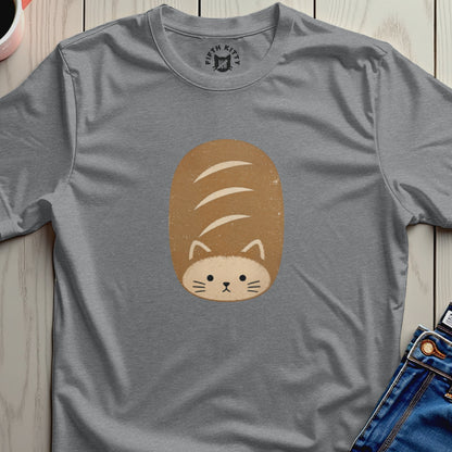Grey t-shirt with a loaf of bread-shaped cat graphic and Fifth Kitty logo.