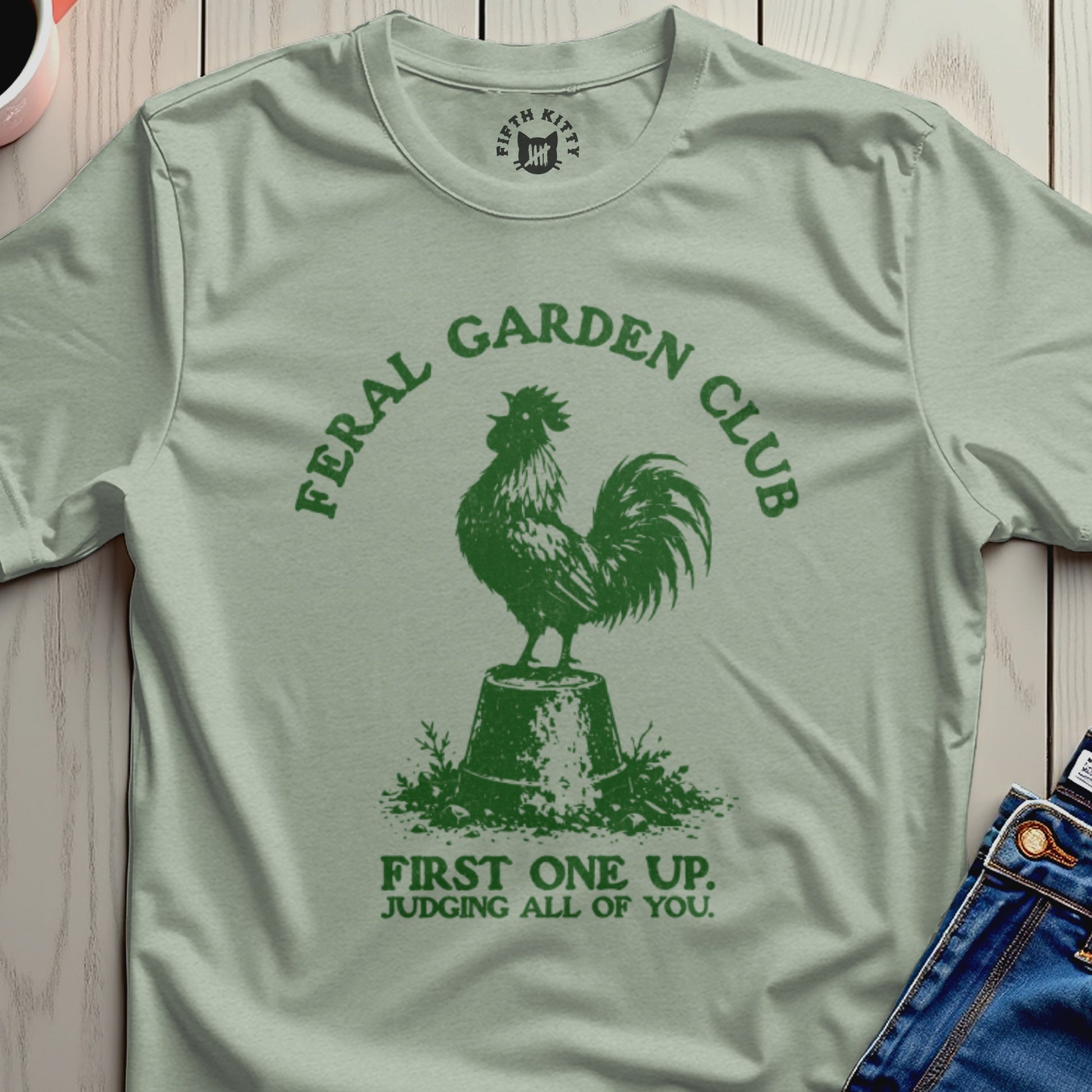 Feral Garden Club t-shirt with rooster graphic and text.