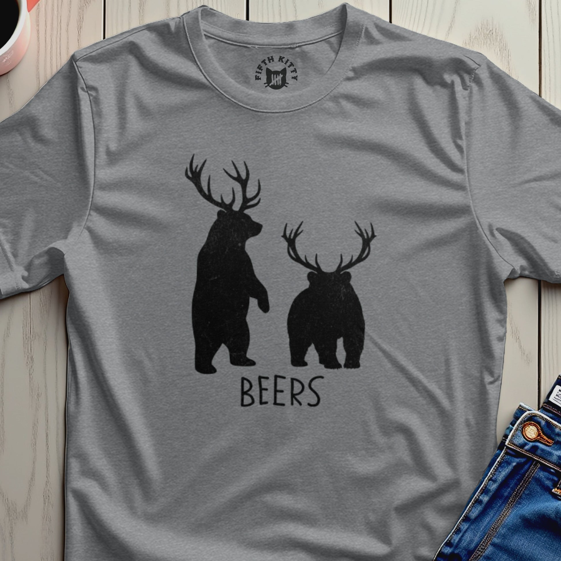 Two silhouettes of bears with antlers on a gray t-shirt.