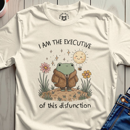 Cream t-shirt with a frog wearing a fur coat and bee, with text "I am the executive of this disfunction".
