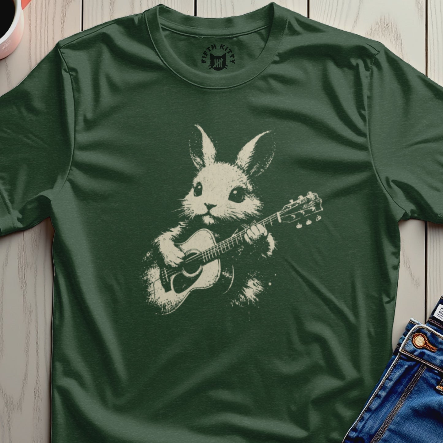 Fifth Kitty Rabbit Guitarist Graphic Forest Green TShirt product type