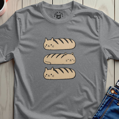 Gray t-shirt with a graphic of three cute loaf-shaped cats stacked vertically.
