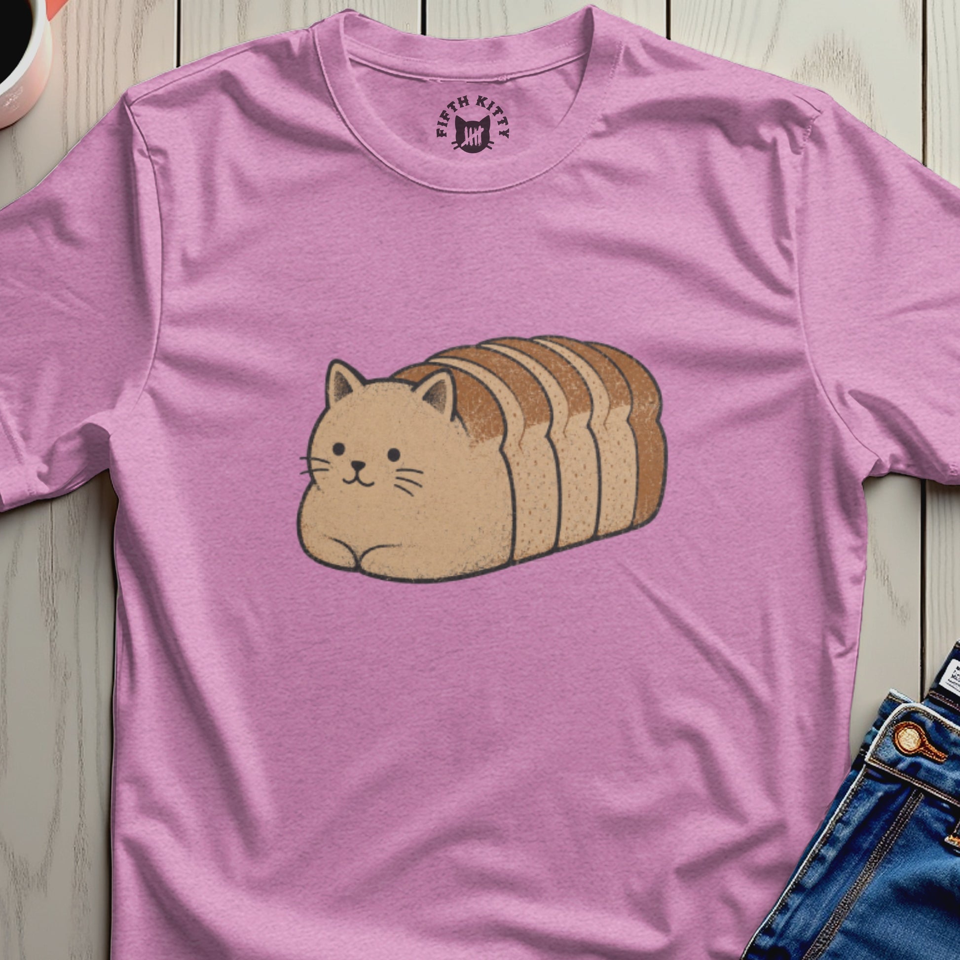 Pink t-shirt with a cat-shaped loaf of bread graphic and "Fifth Kitty" logo.