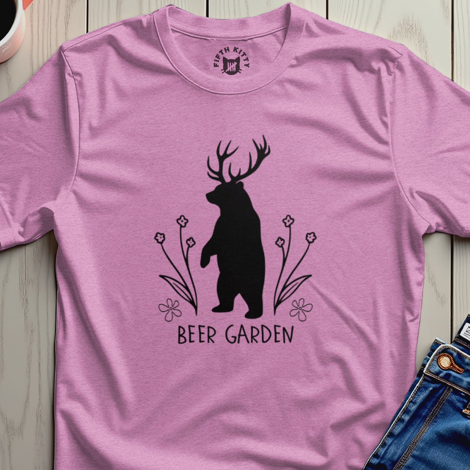 Black bear with antlers standing near flowers, text "BEER GARDEN".