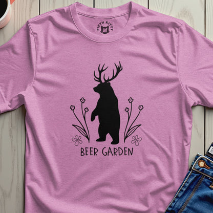 Black bear with antlers standing near flowers, text "BEER GARDEN".