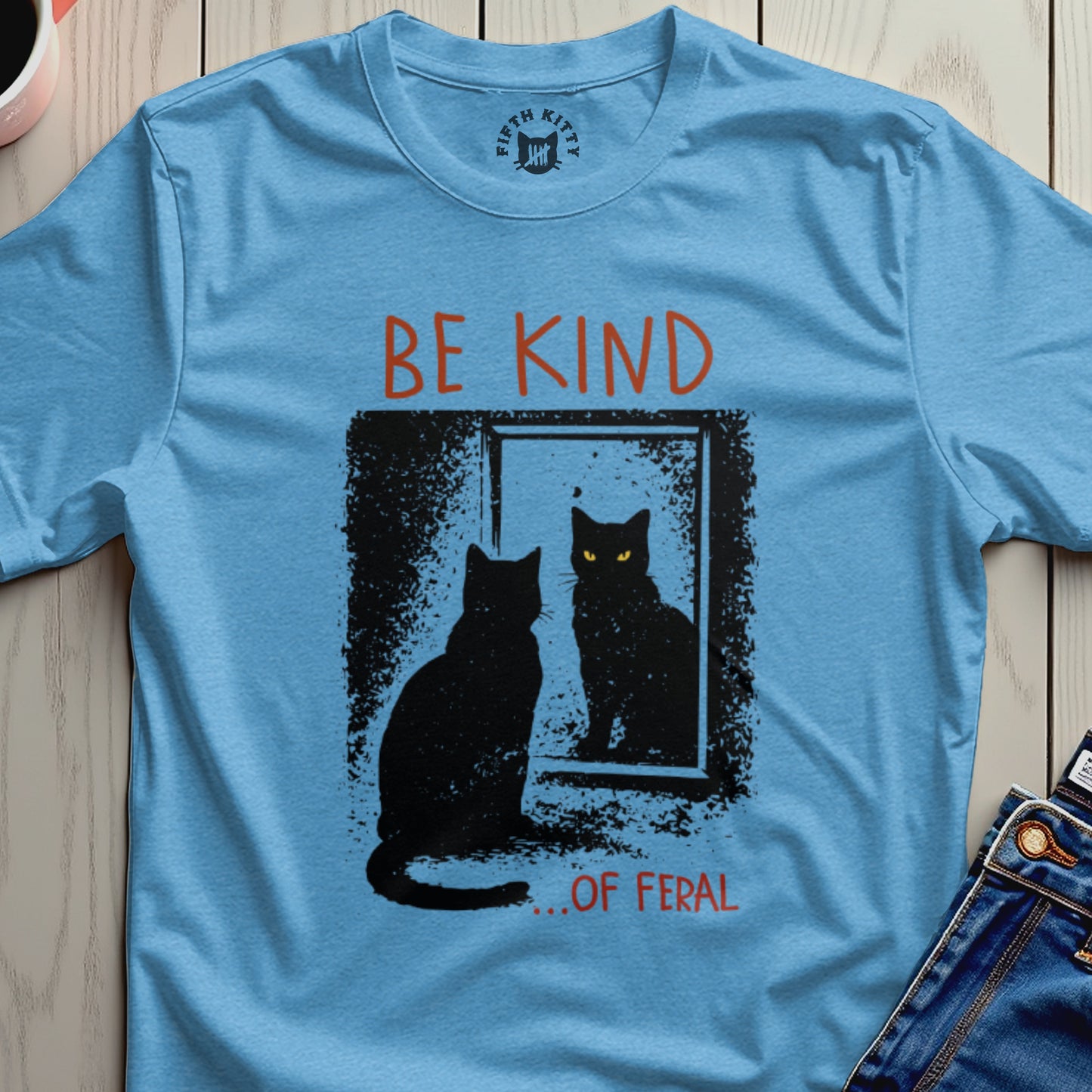 Be Kind ...of Feral Cat T-Shirt – Heather Saphire Blue unisex graphic tee, front view
