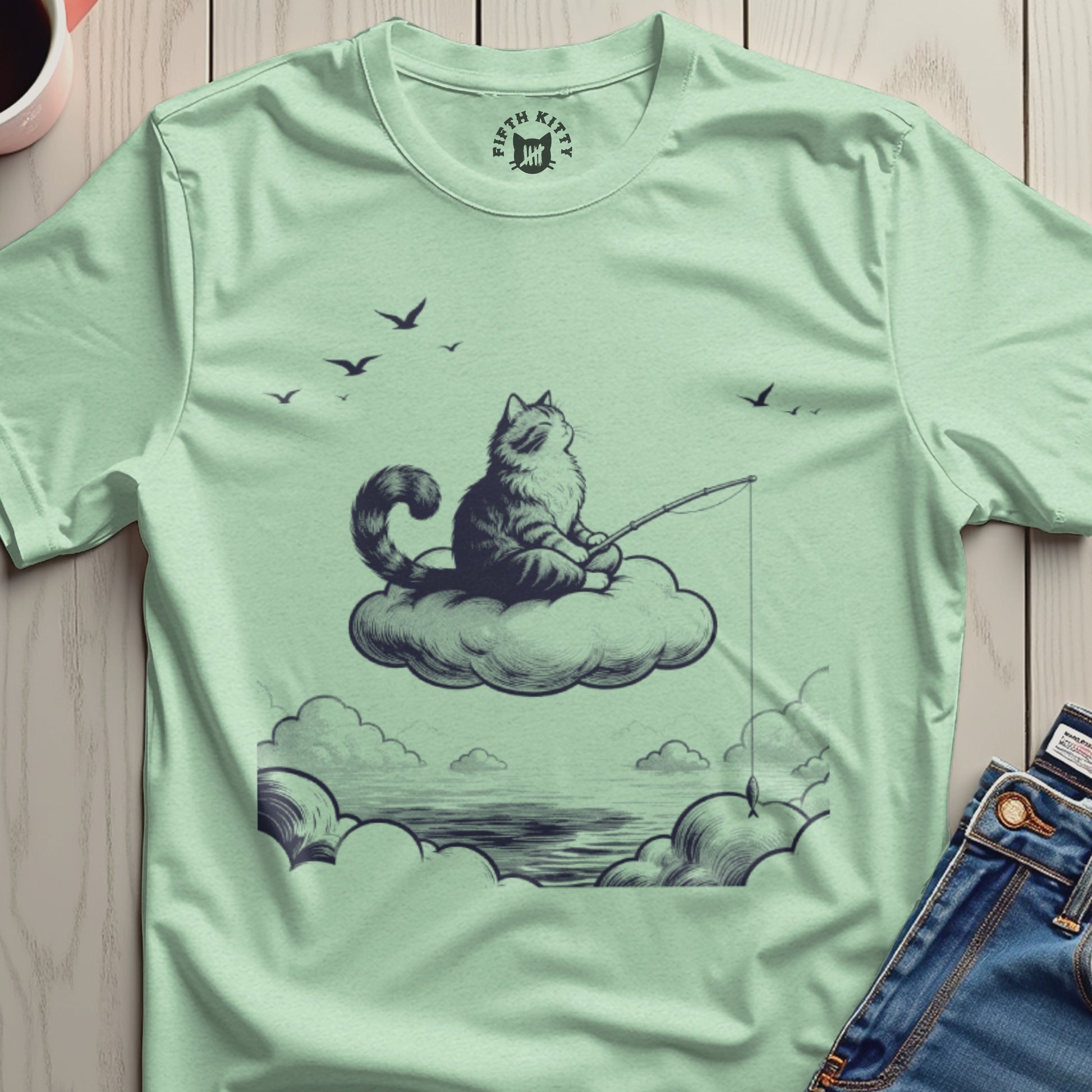 Fishing Dream Kitty Art Graphic T-Shirt top