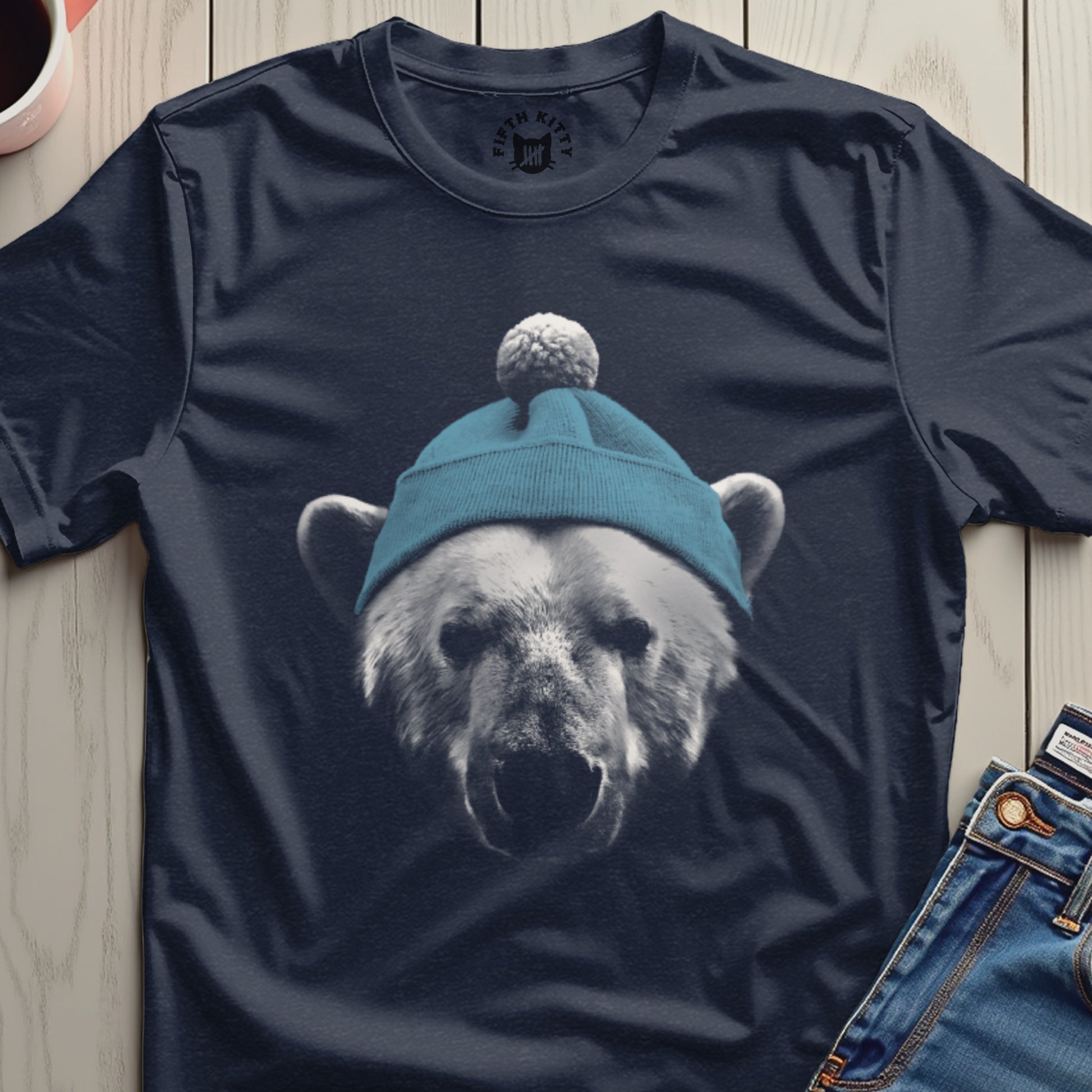 Stylish T-Shirt with Bear Wearing Blue Beanie Design