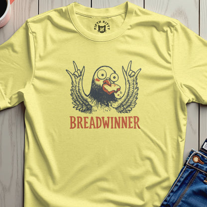 T-shirt with a cartoon bird eating toast, with "BREADWINNER" text.