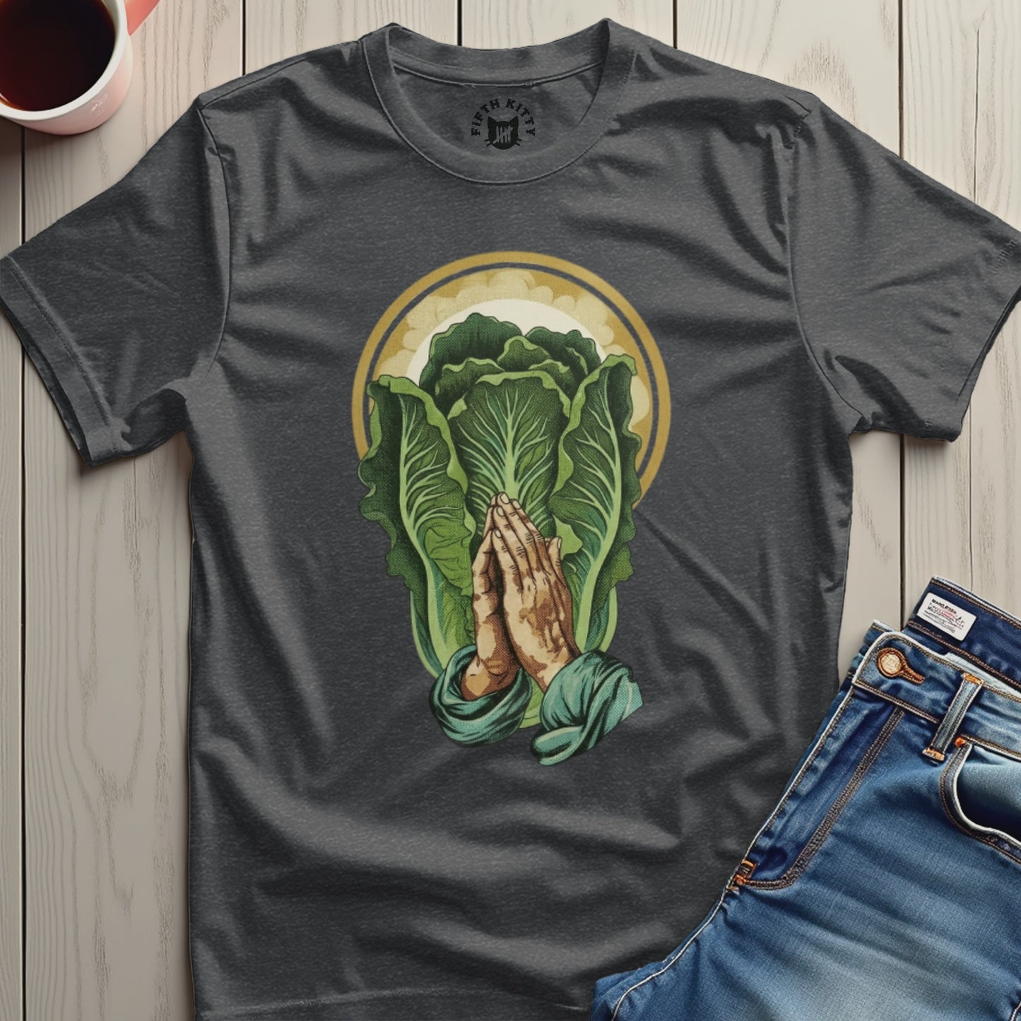 Praying Hands and Lettuce Design Graphic T-shirt product type