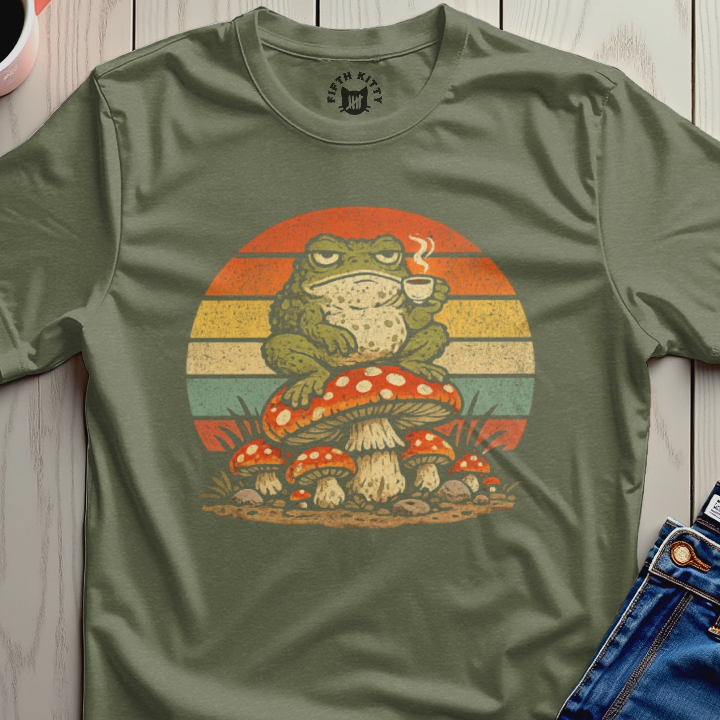 Retro Frog Drinking Coffee on Mushroom T-shirt