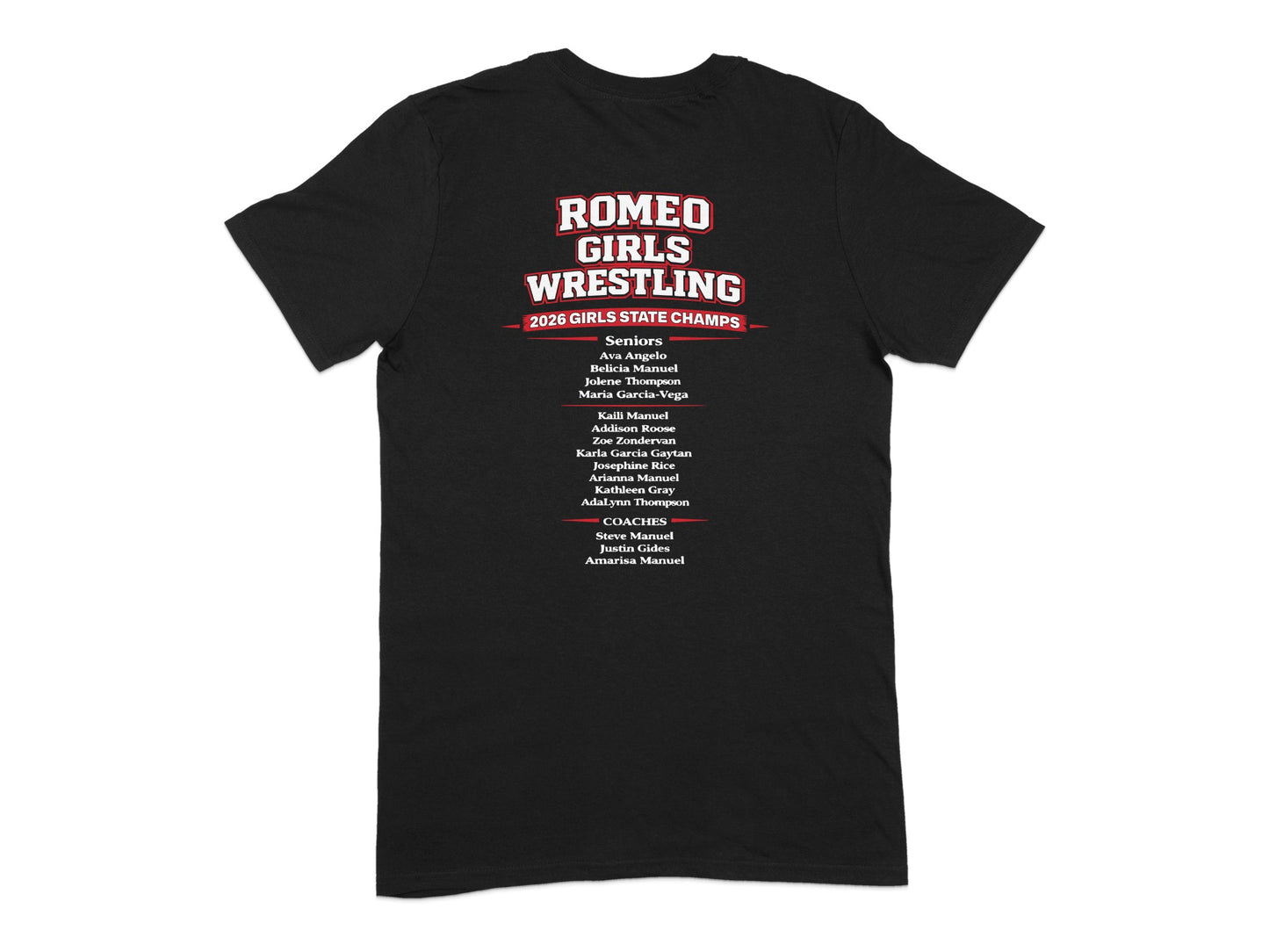 Romeo Girls Wrestling 2026 State Champs team roster with coaches listed.