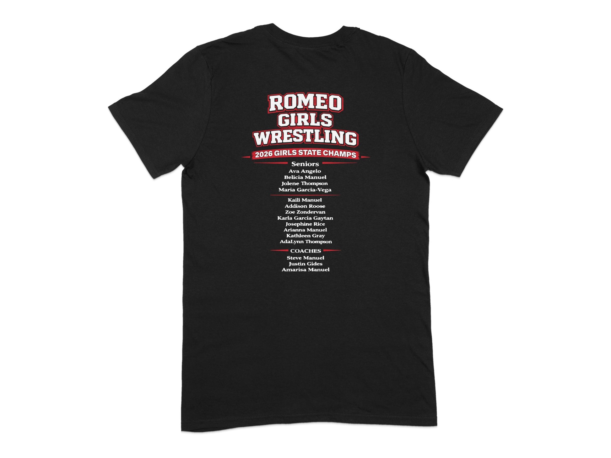 Romeo Girls Wrestling 2026 State Champs team roster with coaches listed.