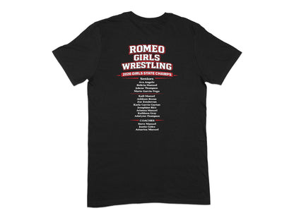 Romeo Girls Wrestling 2026 State Champs team roster with coaches listed.