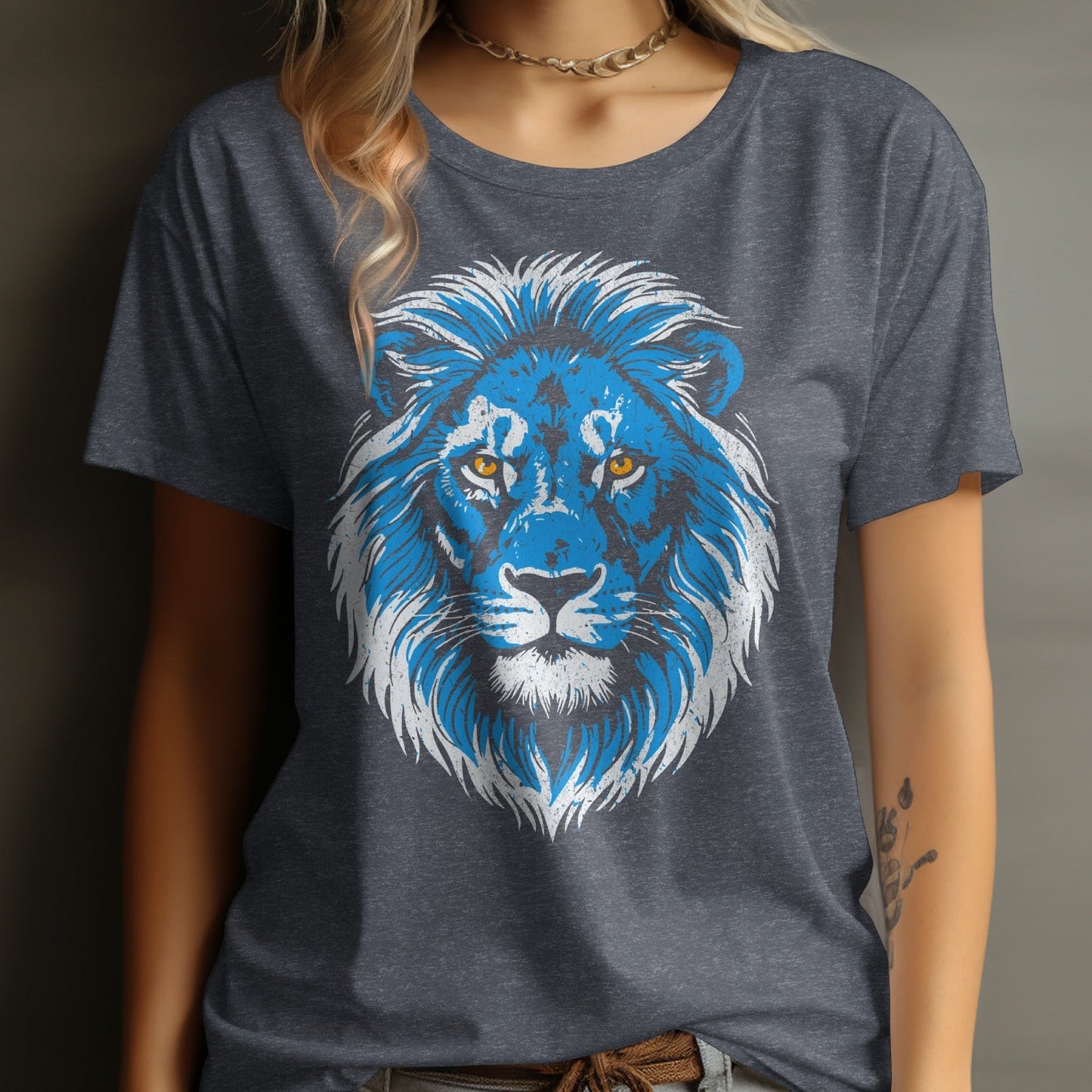 Striking Blue Lion Print on Women's T-Shirt Heather Navy