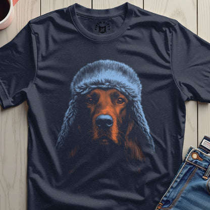 Cozy Winter Dog Art on Dark Blue T-Shirt