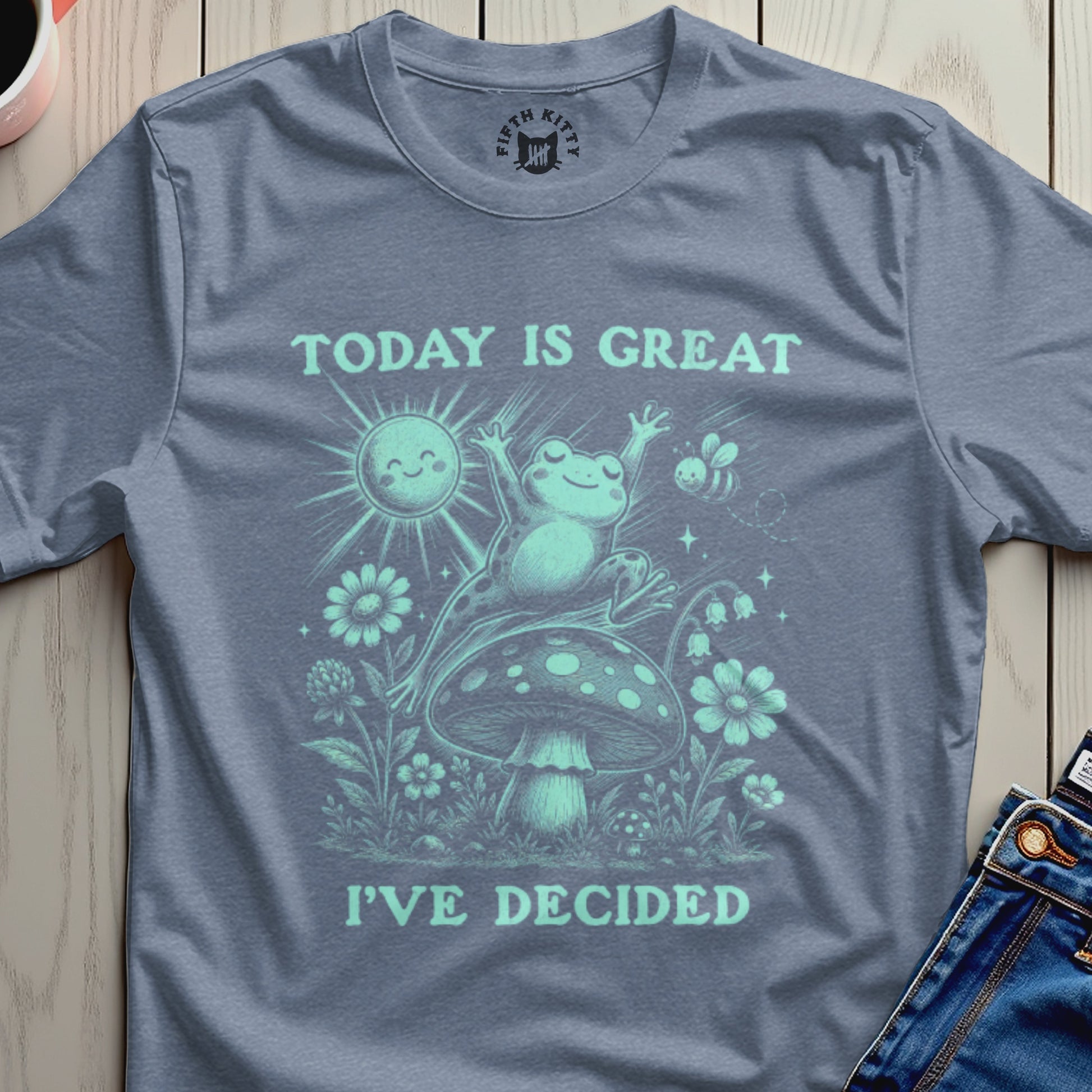 Frog jumping on mushroom under sun, "Today is great, I've decided."