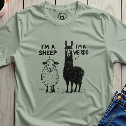 Sheep and llama illustrations with text "I'M A SHEEP" and "I'M A WEIRDO".