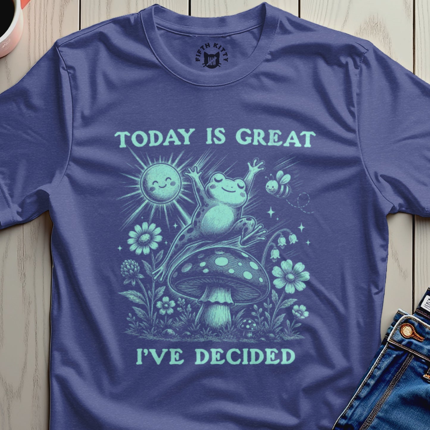 Frog jumping on mushroom under sun, with text "TODAY IS GREAT I'VE DECIDED".