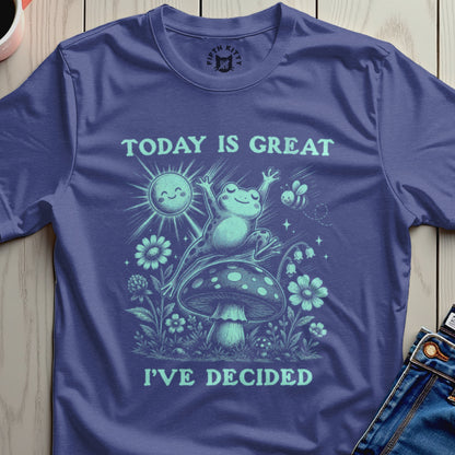Frog jumping on mushroom under sun, with text "TODAY IS GREAT I'VE DECIDED".