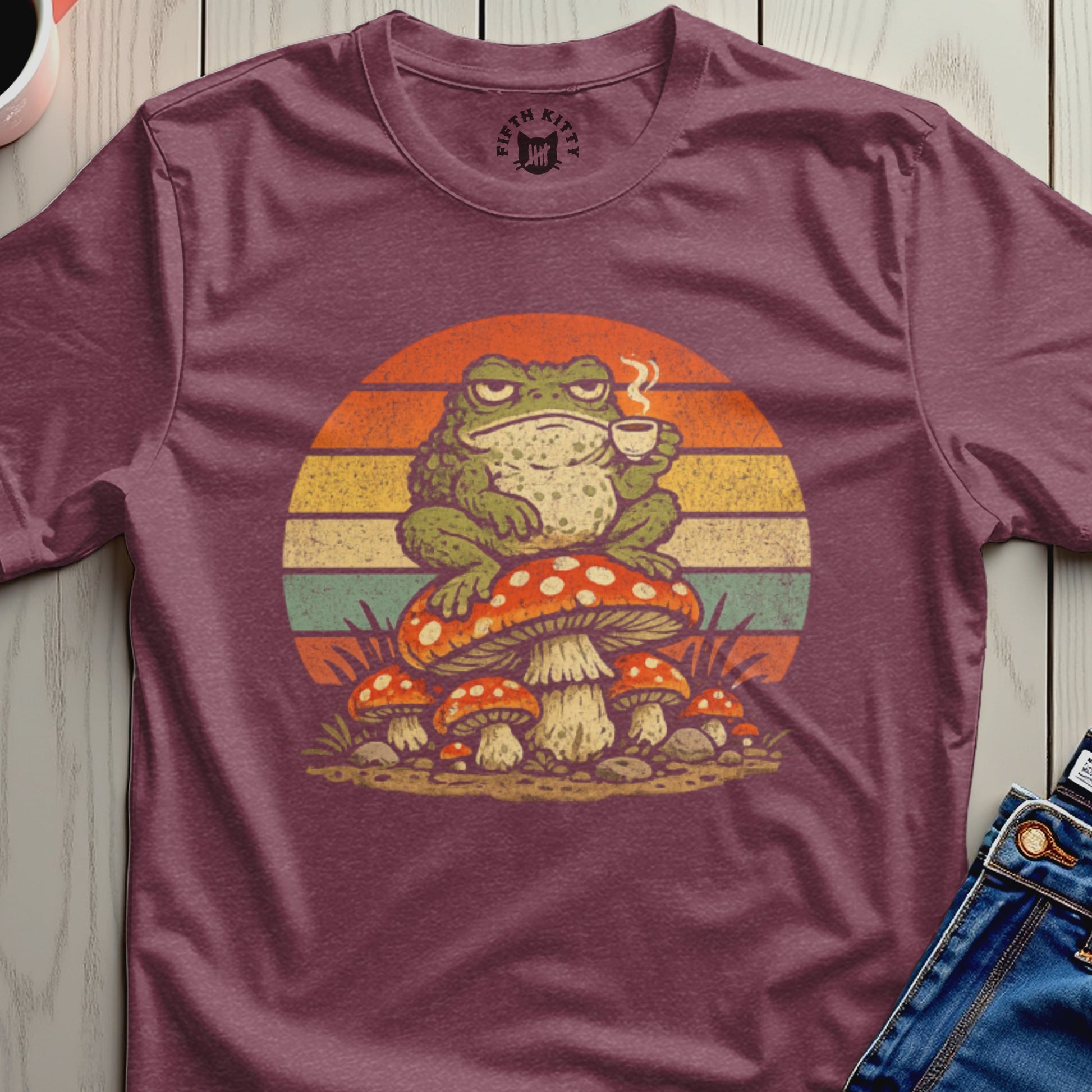Retro Frog Drinking Coffee Sitting on Mushrooms T-shirt