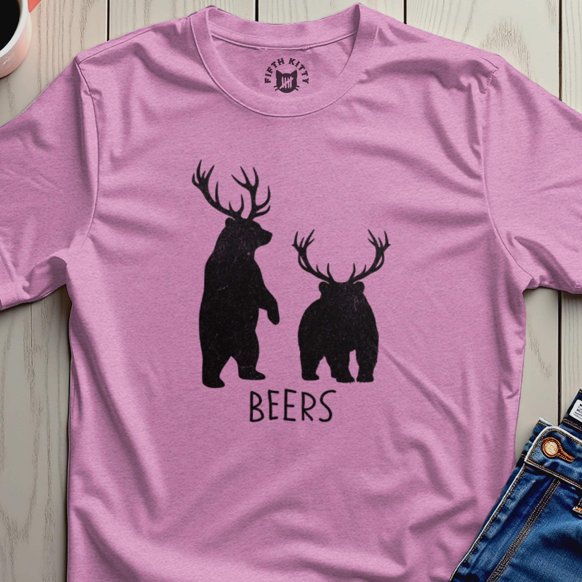 Two silhouetted bears with antlers and the word "BEERS" printed below.