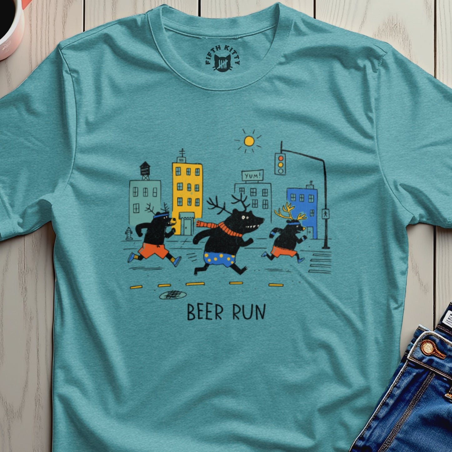 Three cartoon bears wearing shorts run through a city street with buildings and a traffic light, text reads "BEER RUN."