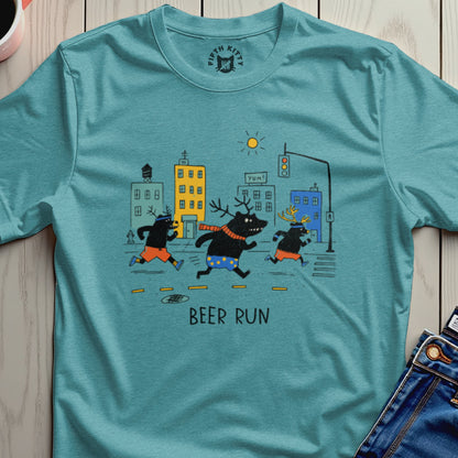 Three cartoon bears wearing shorts run through a city street with buildings and a traffic light, text reads "BEER RUN."
