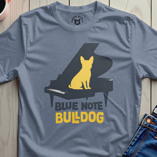 Blue Note Bulldog Graphic Tee with Yellow Dog Design