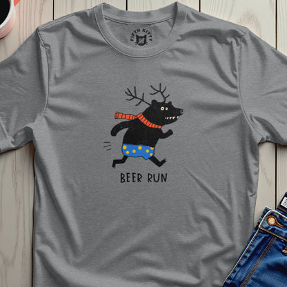 Black bear with antlers and scarf running in polka dot shorts with text "BEER RUN".