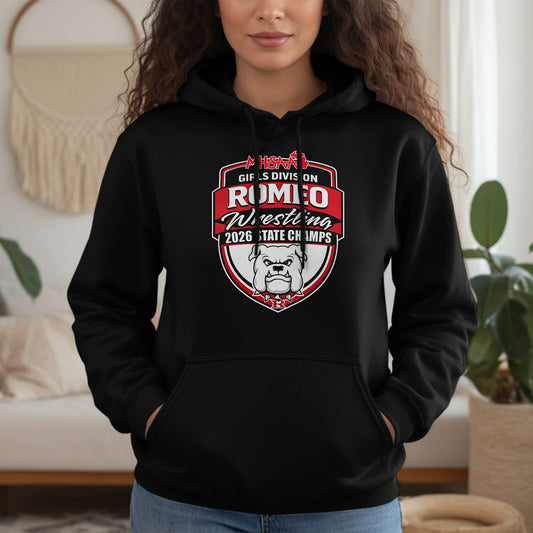 Black hoodie with a Romeo Wrestling "State Champs" bulldog logo.