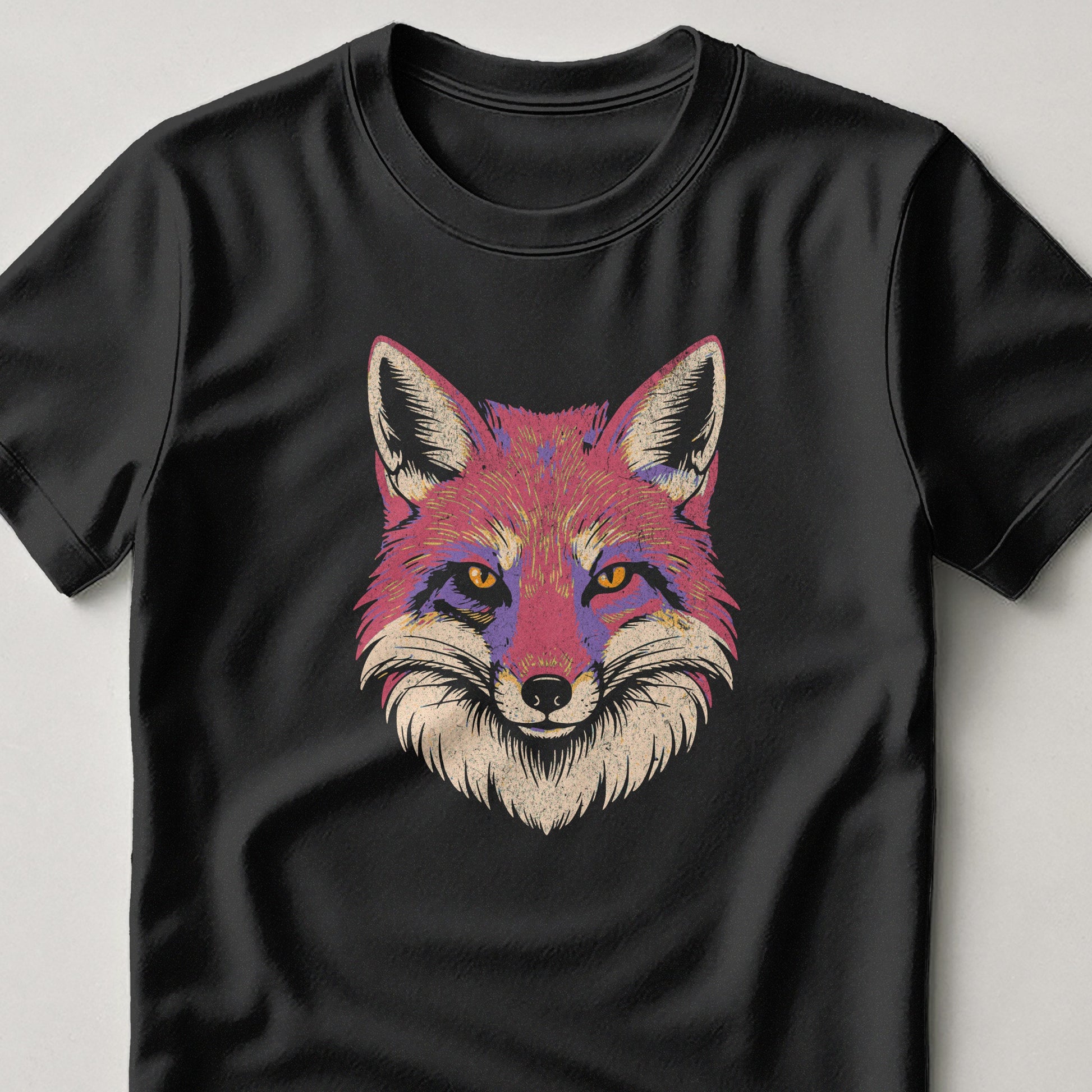 Vibrant Colorful Fox Face Design on Black T Shirt product type