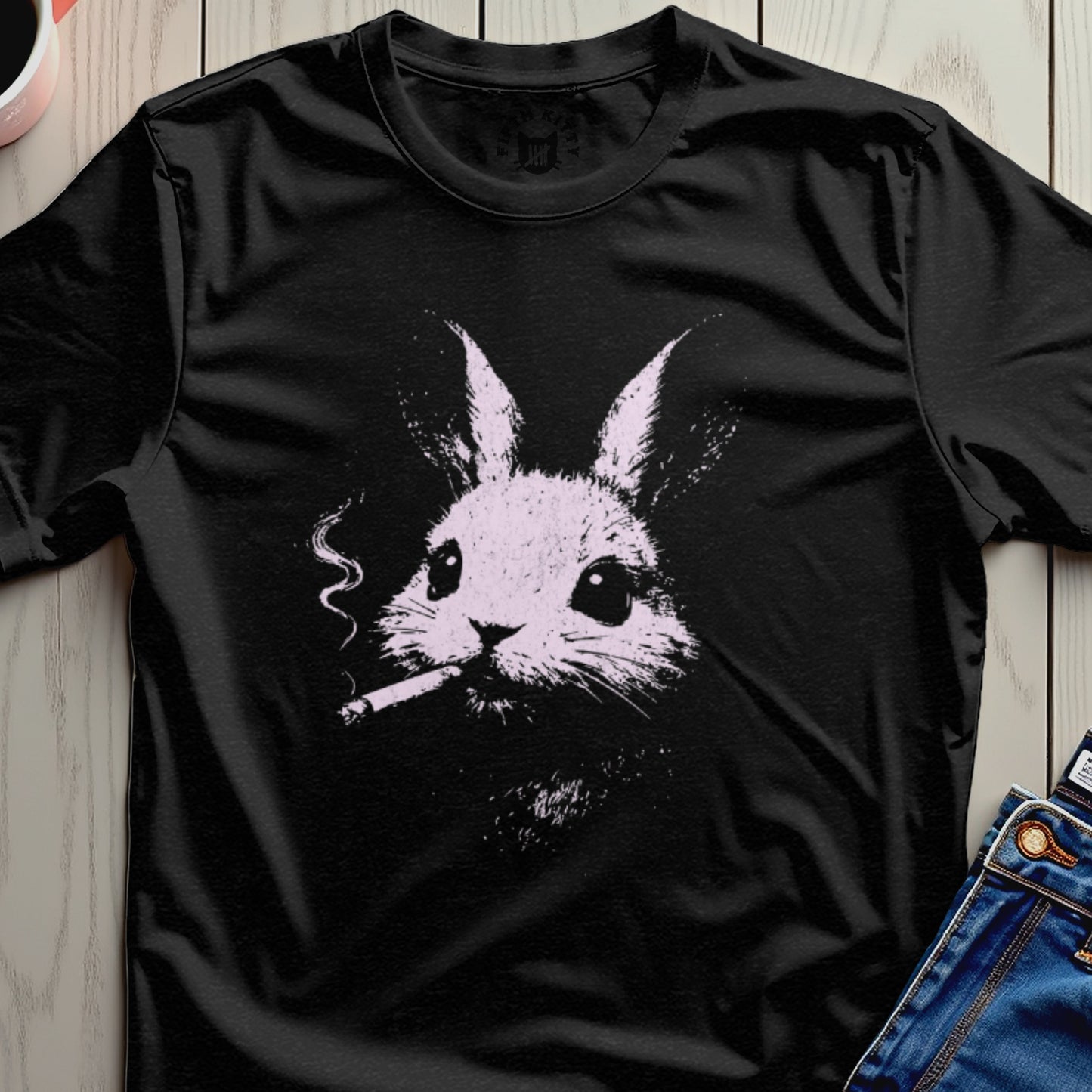 Smoking Bunny Graphic Black T-Shirt