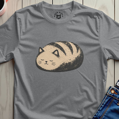 Grey t-shirt with a cartoonish cat-shaped bread loaf graphic and "Fifth Kitty" logo.