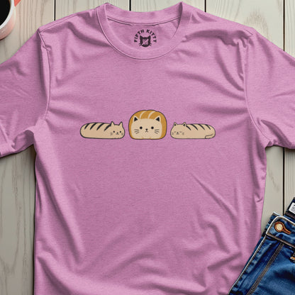 Pink t-shirt with loaf-shaped cats and Fifth Kitty logo.