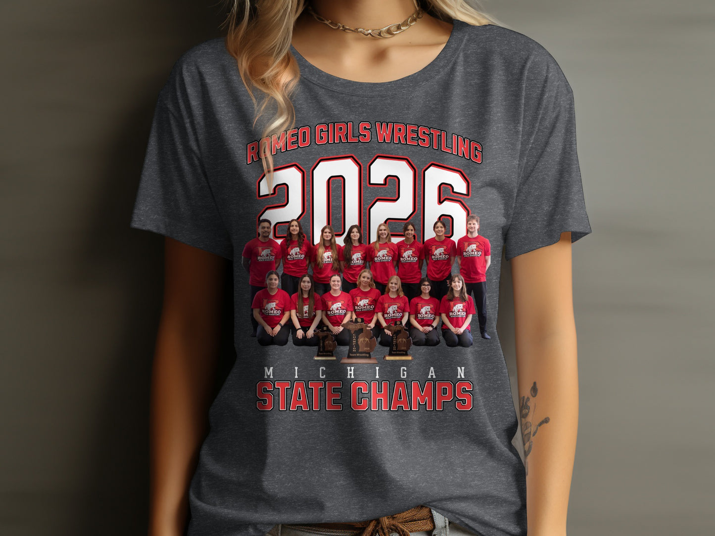 Romeo Girls Wrestling 2026 Michigan State Champs team photo.