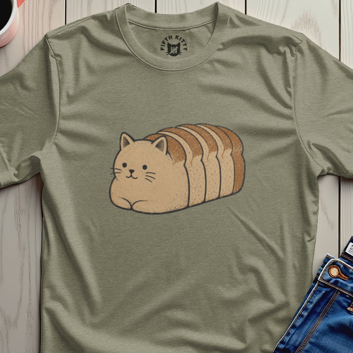 T-shirt with kawaii cat-shaped bread loaf graphic and "FIFTH KITTY" logo.