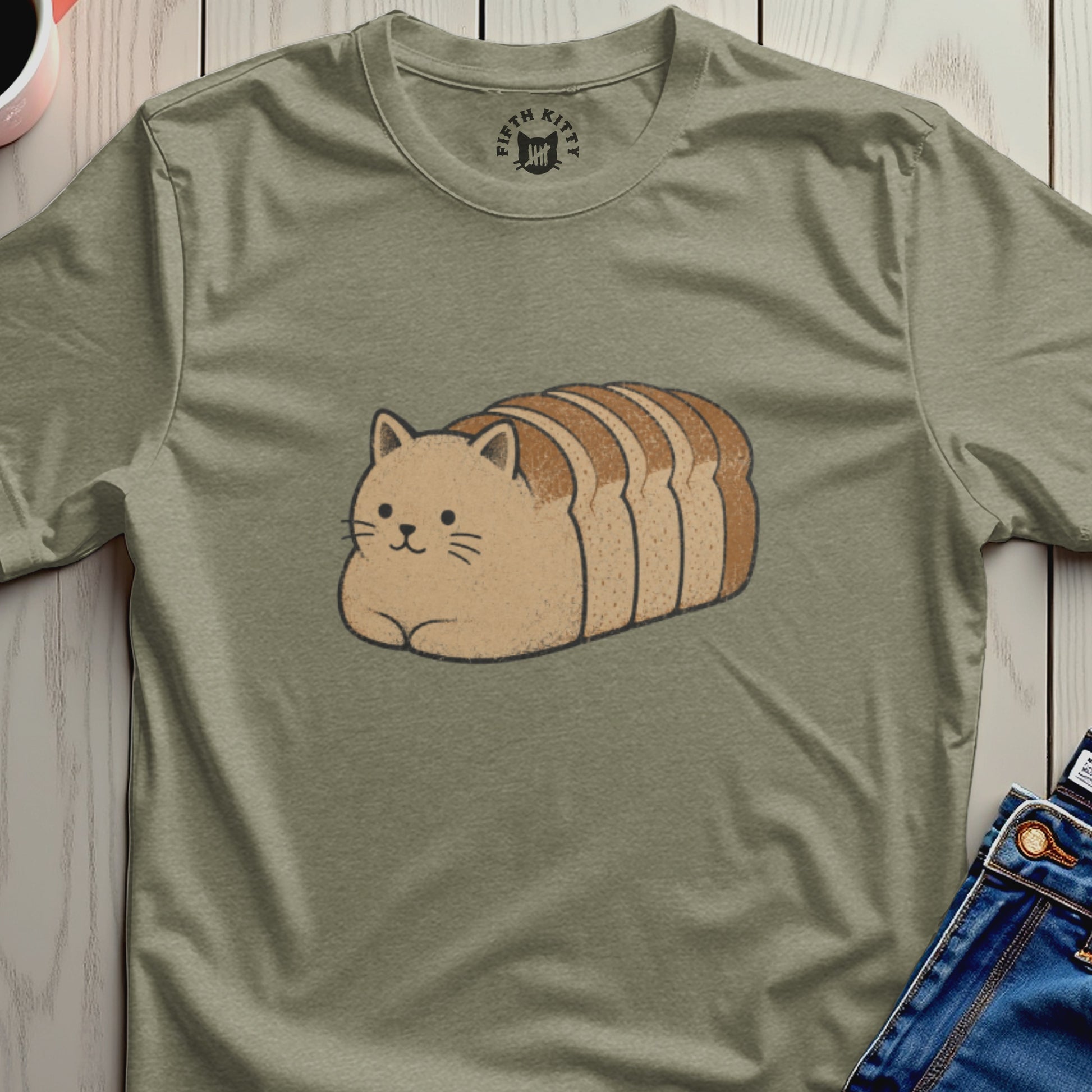 T-shirt with kawaii cat-shaped bread loaf graphic and "FIFTH KITTY" logo.