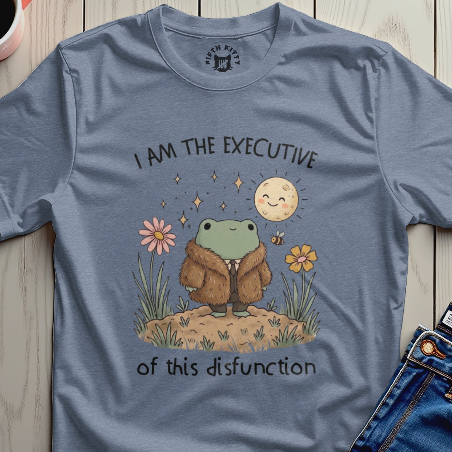 Fuzzy frog in a fur coat with a bee, standing in grass with flowers, moon, and stars.