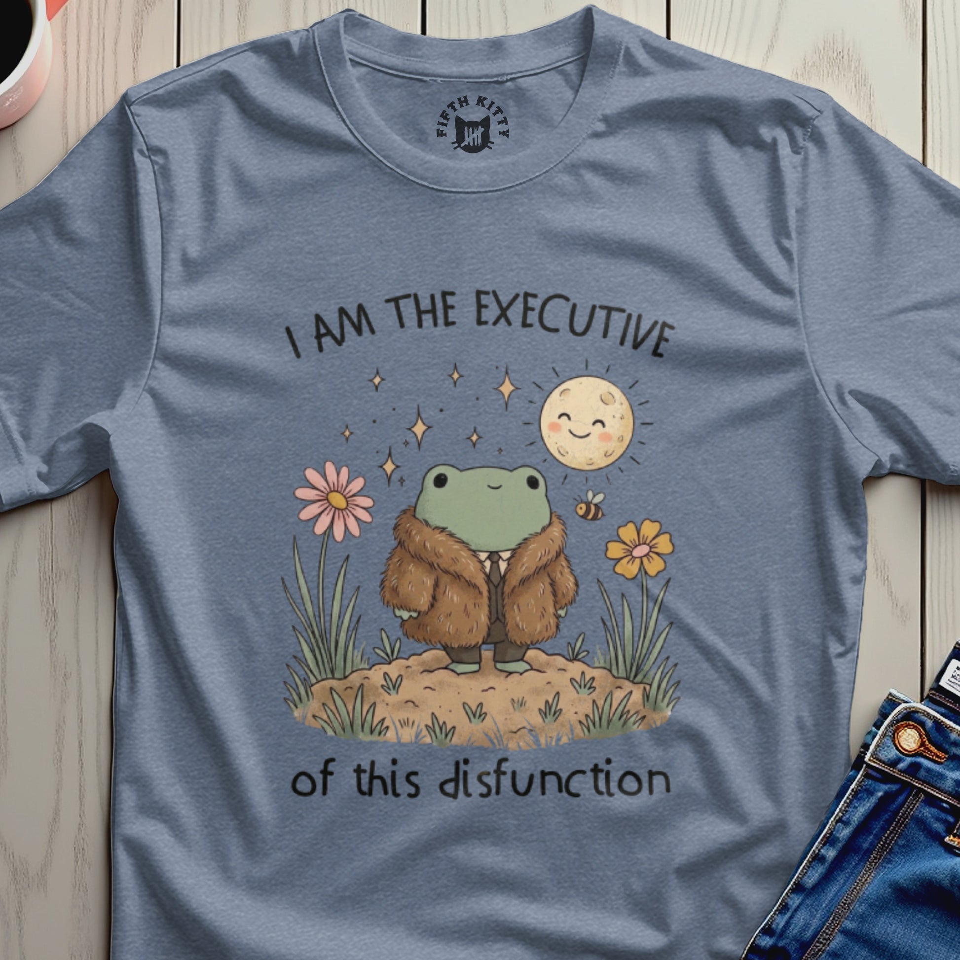 Fuzzy frog in a fur coat with a bee, standing in grass with flowers, moon, and stars.