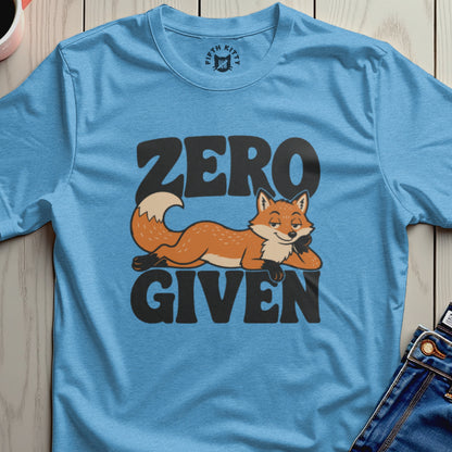 Blue t-shirt with a cartoon fox and "ZERO GIVEN" text.