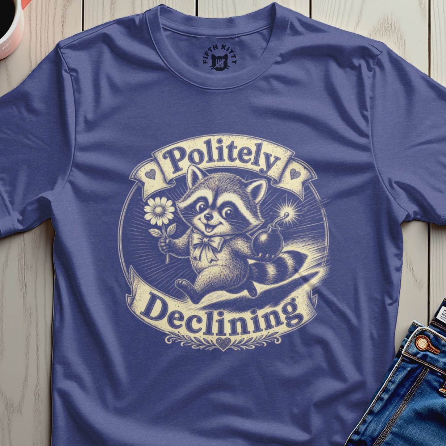 Raccoon holding a flower and a bomb, text "Politely Declining".