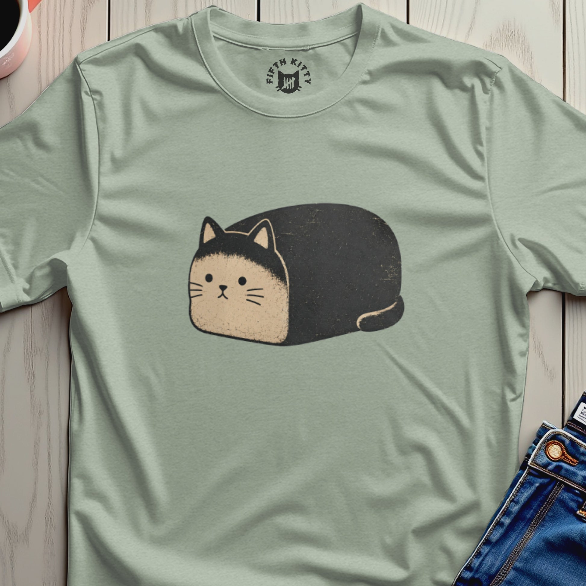 Green t-shirt with a graphic of a black loaf-shaped cat with a distressed texture.