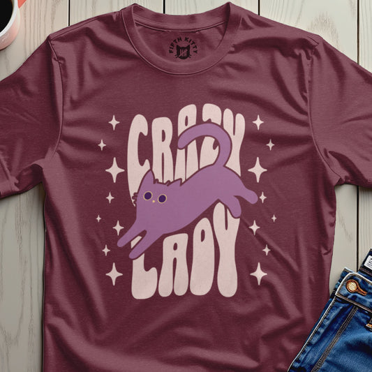 Crazy Lady Maroon T-Shirt With Cute Cat Graphic Design
