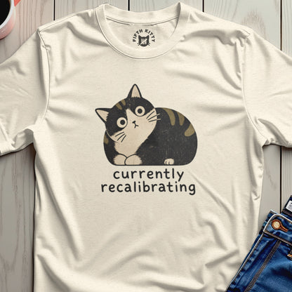 Cream t-shirt with a cartoon cat graphic and the text "currently recalibrating".