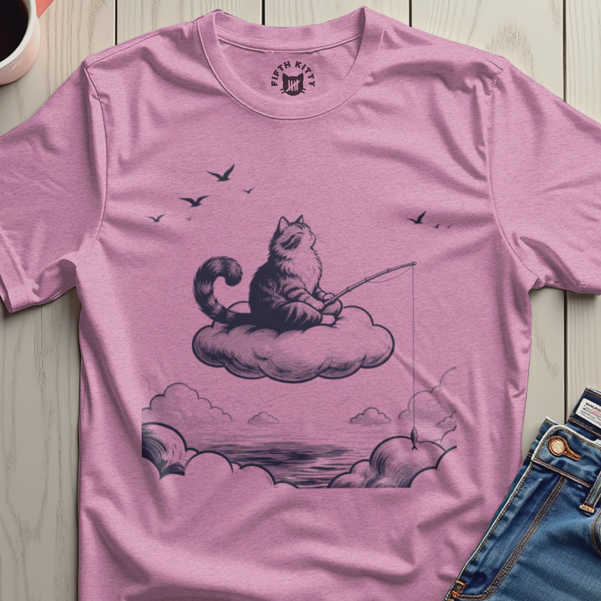 Cat Fishing on Cloud Artistic Graphic T-Shirt