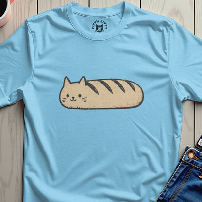 Light blue t-shirt with a cartoon cat shaped like a loaf of bread.