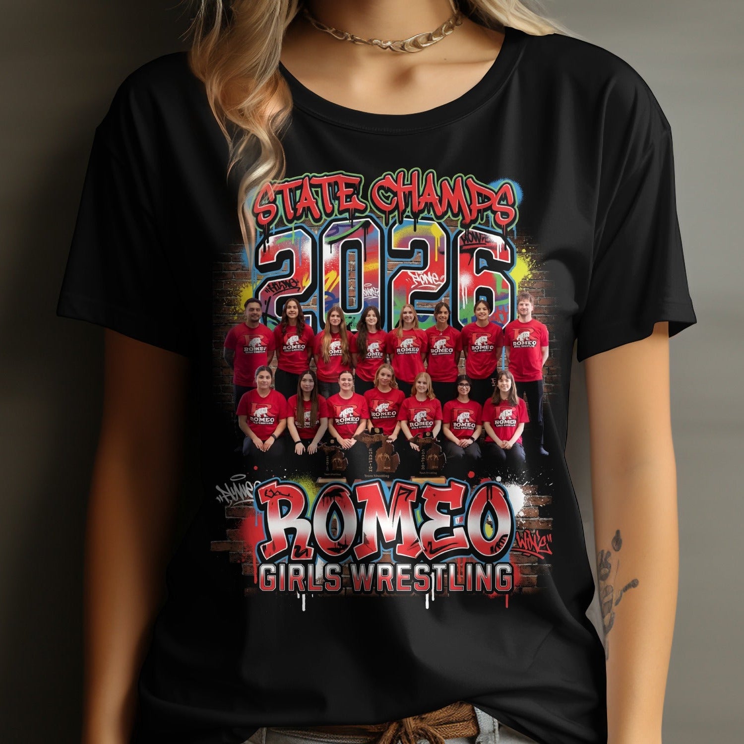 Romeo Girls Wrestling State Champs 2026 t-shirt with team photo.